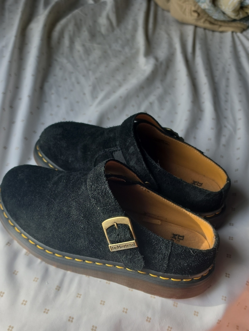 Dr. Martens Black Suede Slip-On Loafers with Gold Buckle